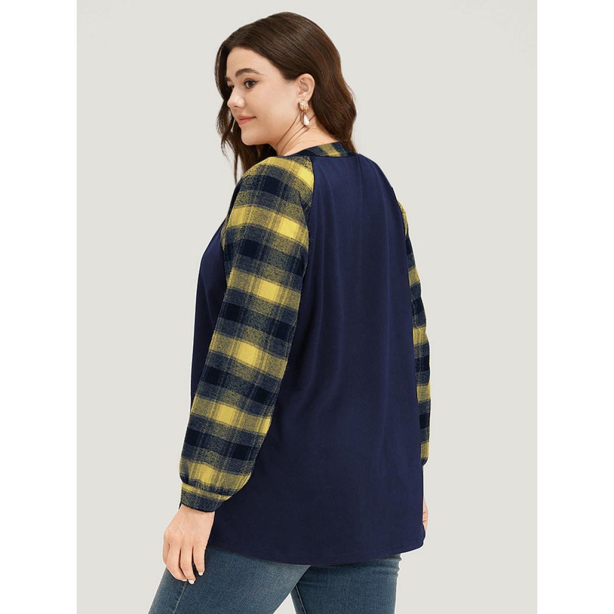 Plus Size Plaid Patchwork Notched Button Detail Sweatshirt Women Purple Casual Patchwork Notched collar Everyday Sweatshirts BloomChic 18-20/2X Product Image