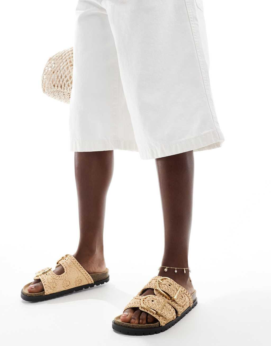 Stradivarius flatform double buckle sandals in beige Product Image