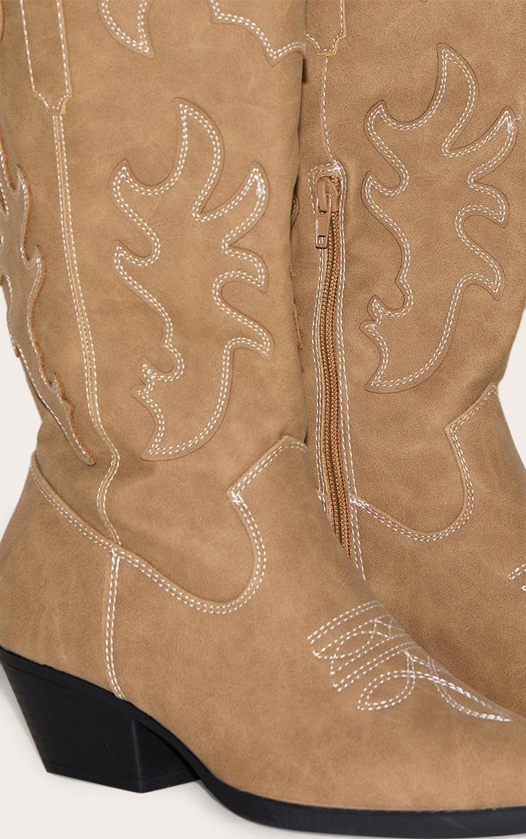 Stone Faux Suede Point Toe Low Block Heel Stitched Western Boots Product Image