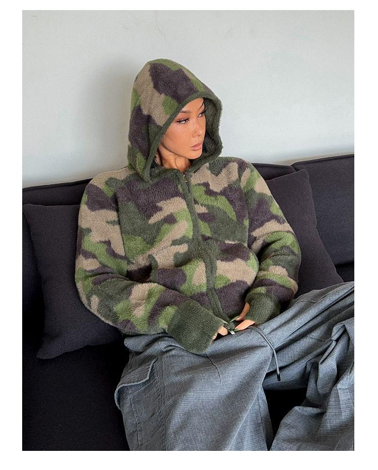 Camo Print Hooded Zip Cardigan Product Image