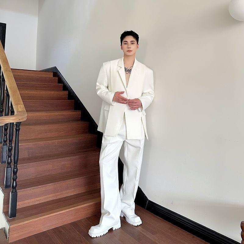 Set: Lapel Collar Plain Slit Button Blazer + Mid Rise Plain Dress Pants Product Image