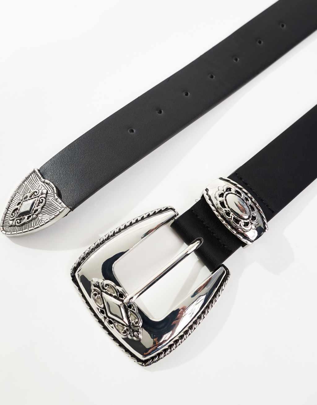 ASOS DESIGN faux leather belt with western buckle and metal details in black Product Image