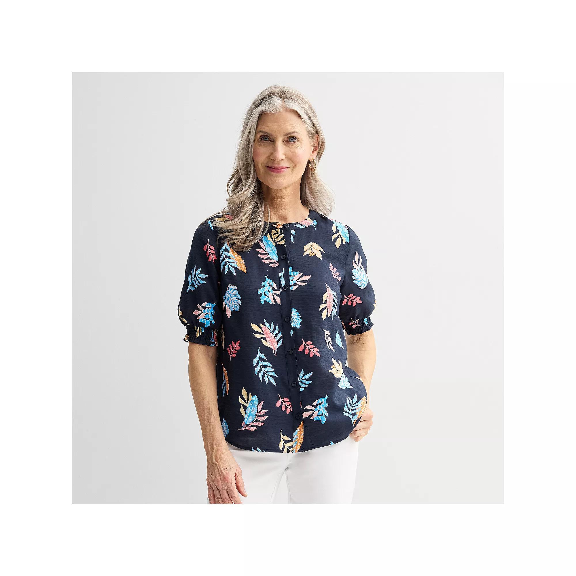 Women's Croft & Barrow® Woven Split Neck Shirt, Size: XS, Blue Open Jungle Product Image