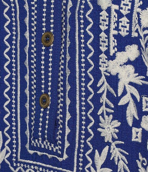 Calessa Petite Size Embroidered Floral Patchwork Split V-Neck 3/4 Sleeve Tunic Product Image