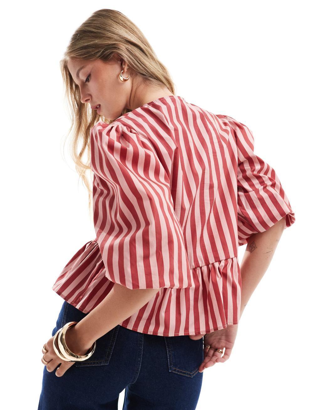 ASOS DESIGN poplin contrast tie front blouse in pink stripe Product Image