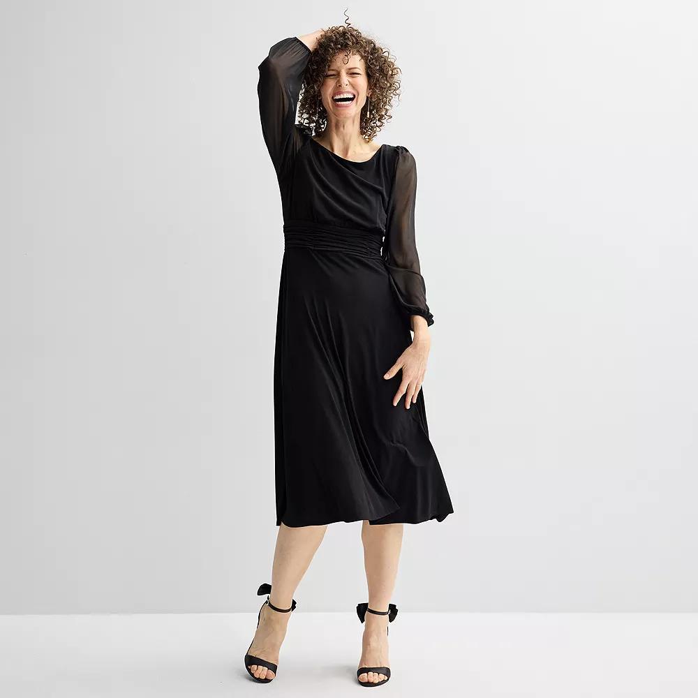 Women's Connected Apparel Rouched Waist And Sheer Sleeve Dress, Size: 8, Black Product Image