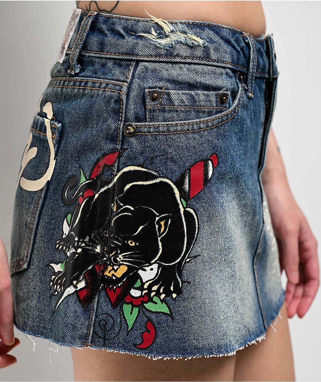 Ed Hardy Panther Dagger Dark Blue Cutoff Denim Mini Skirt Product Image