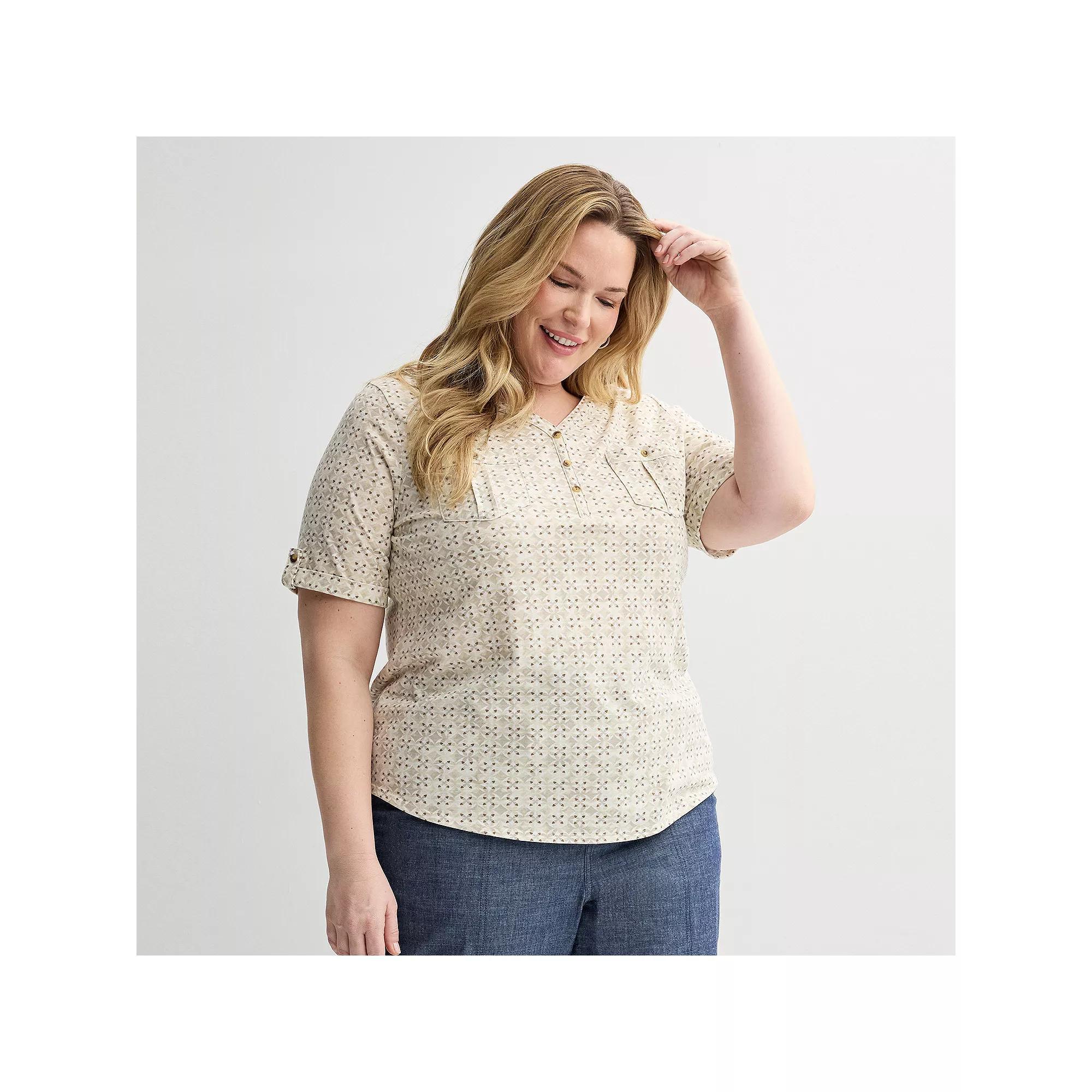 Plus Croft & Barrow® Elbow Sleeve Utility Henley Top, Women's, Size: 0X, Geo Product Image