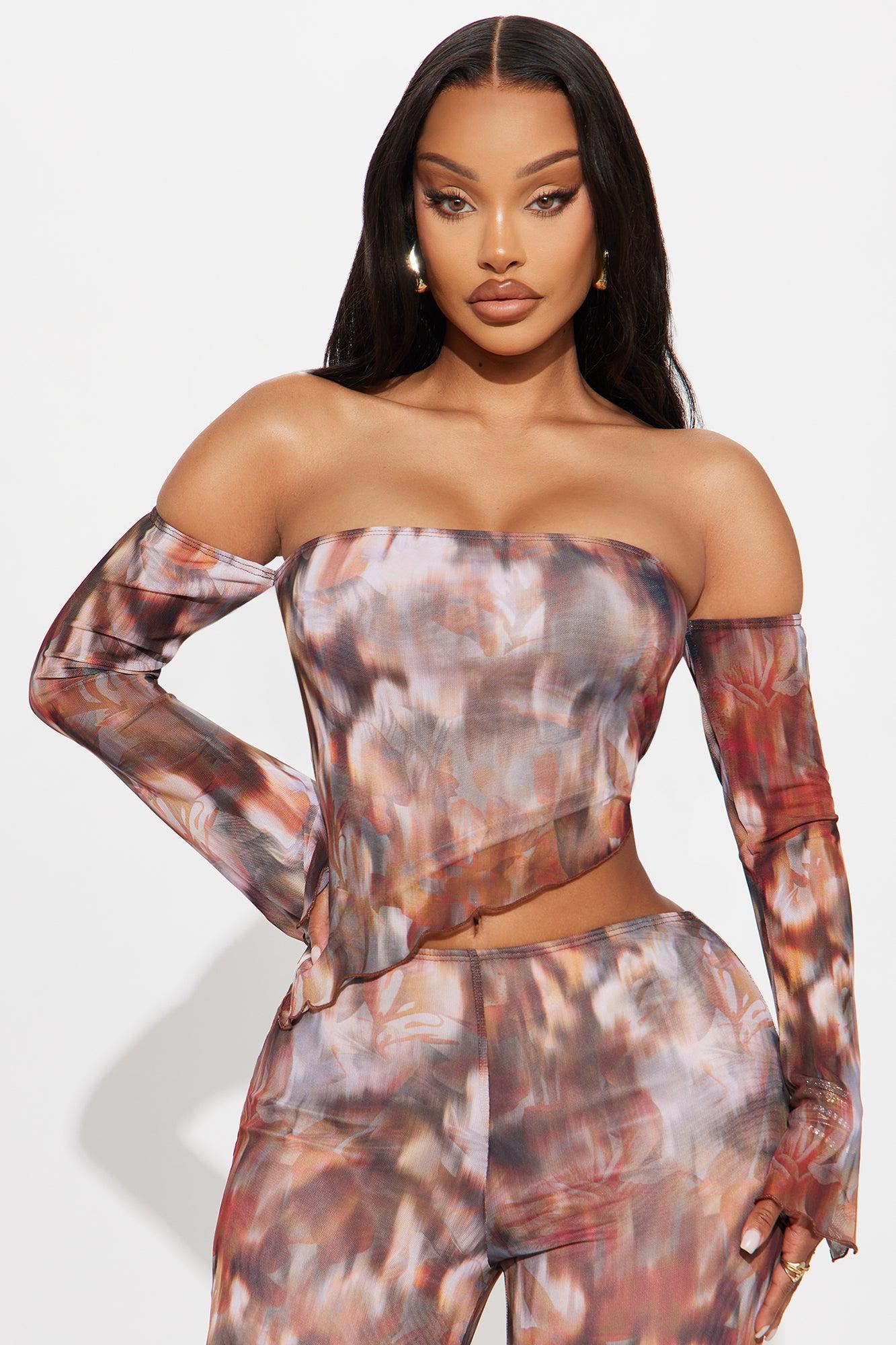 Miranda Mesh Asymmetrical Pant Set - Brown/combo Female Product Image