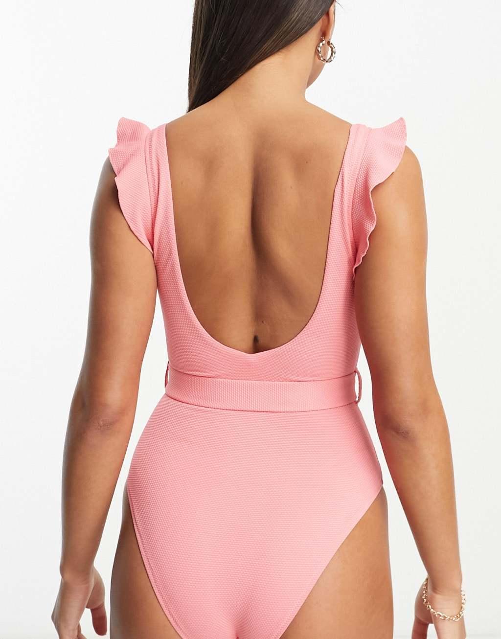 New Look frill sleeve belted swimsuit in pink Product Image