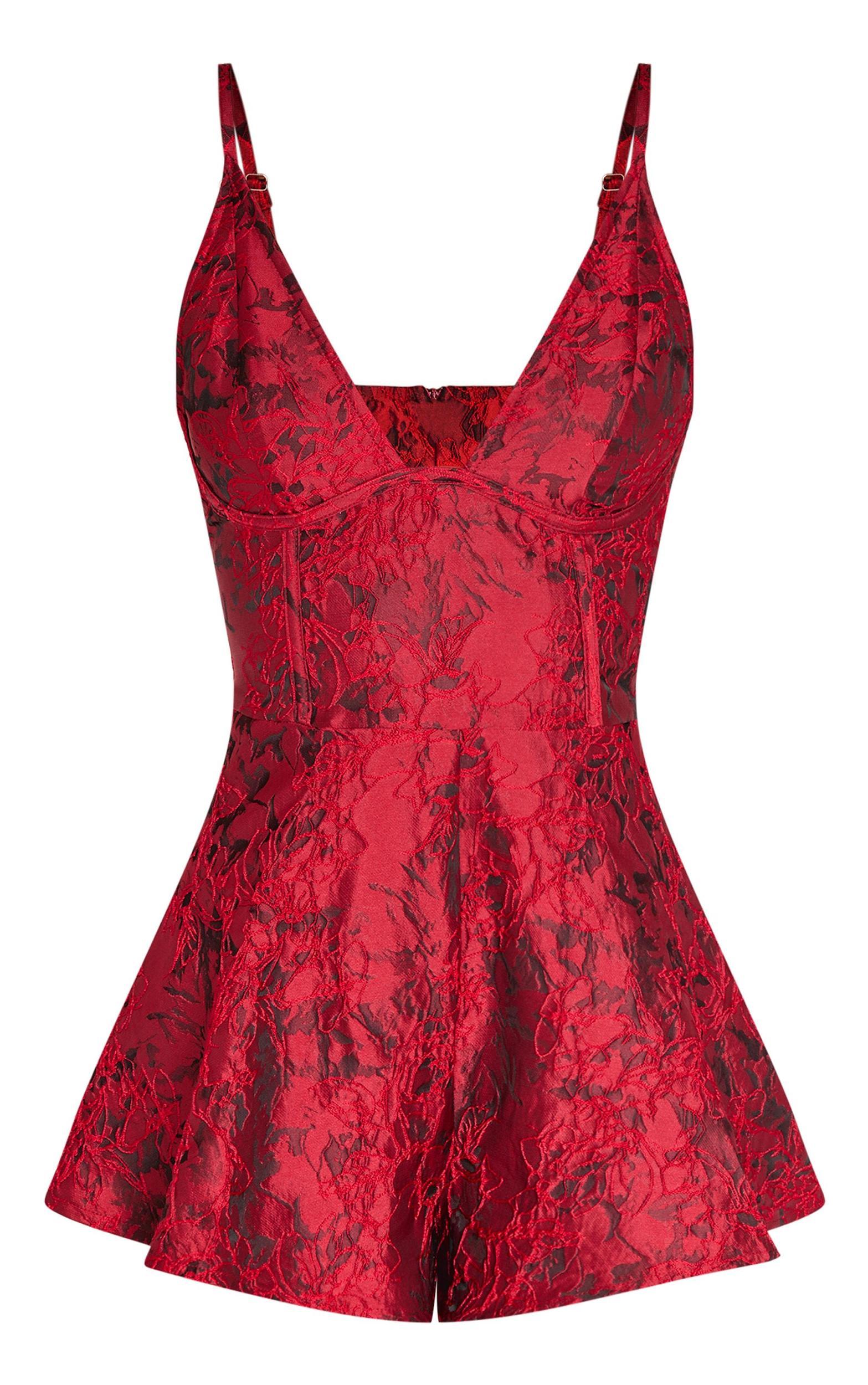 Burgundy Satin Jacquard Corset Detail Floaty Romper Product Image