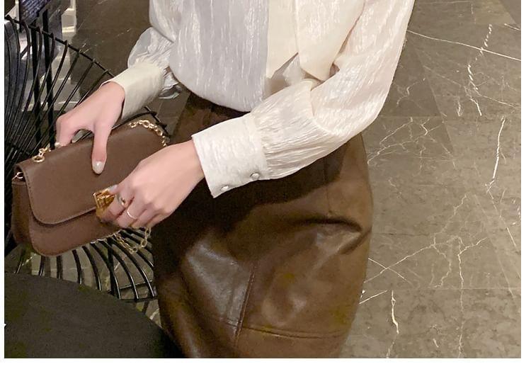 Long-Sleeve Tie-Neck Plain Blouse Product Image