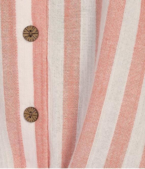 Multiples Petite Size Yarn-Dye Stripe Point Collar Long Roll-Tab Sleeve Button-Front Shirt Product Image