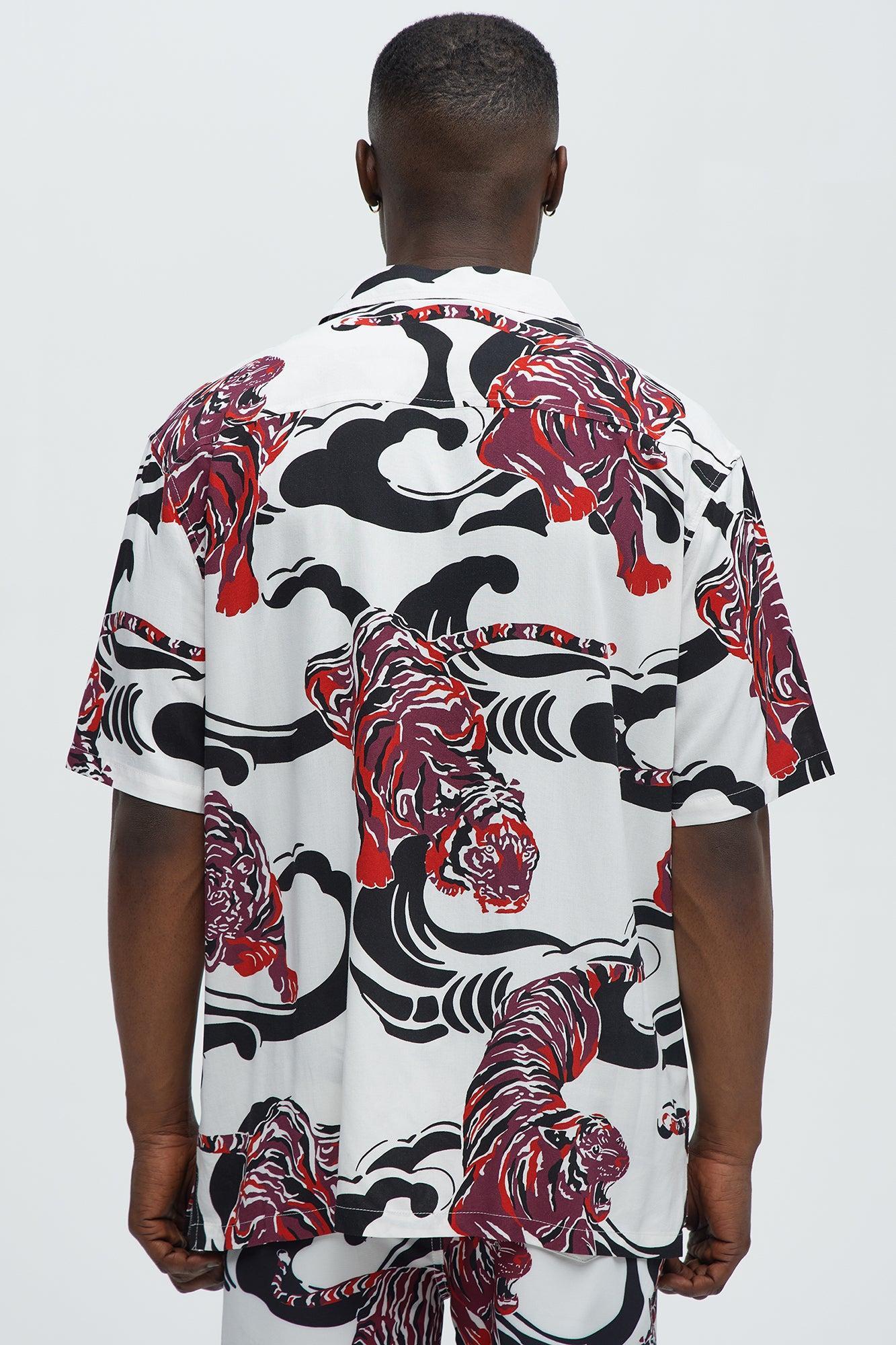 Tiger Waves Cuban Collar Button Up Shirt - White/combo Male Product Image