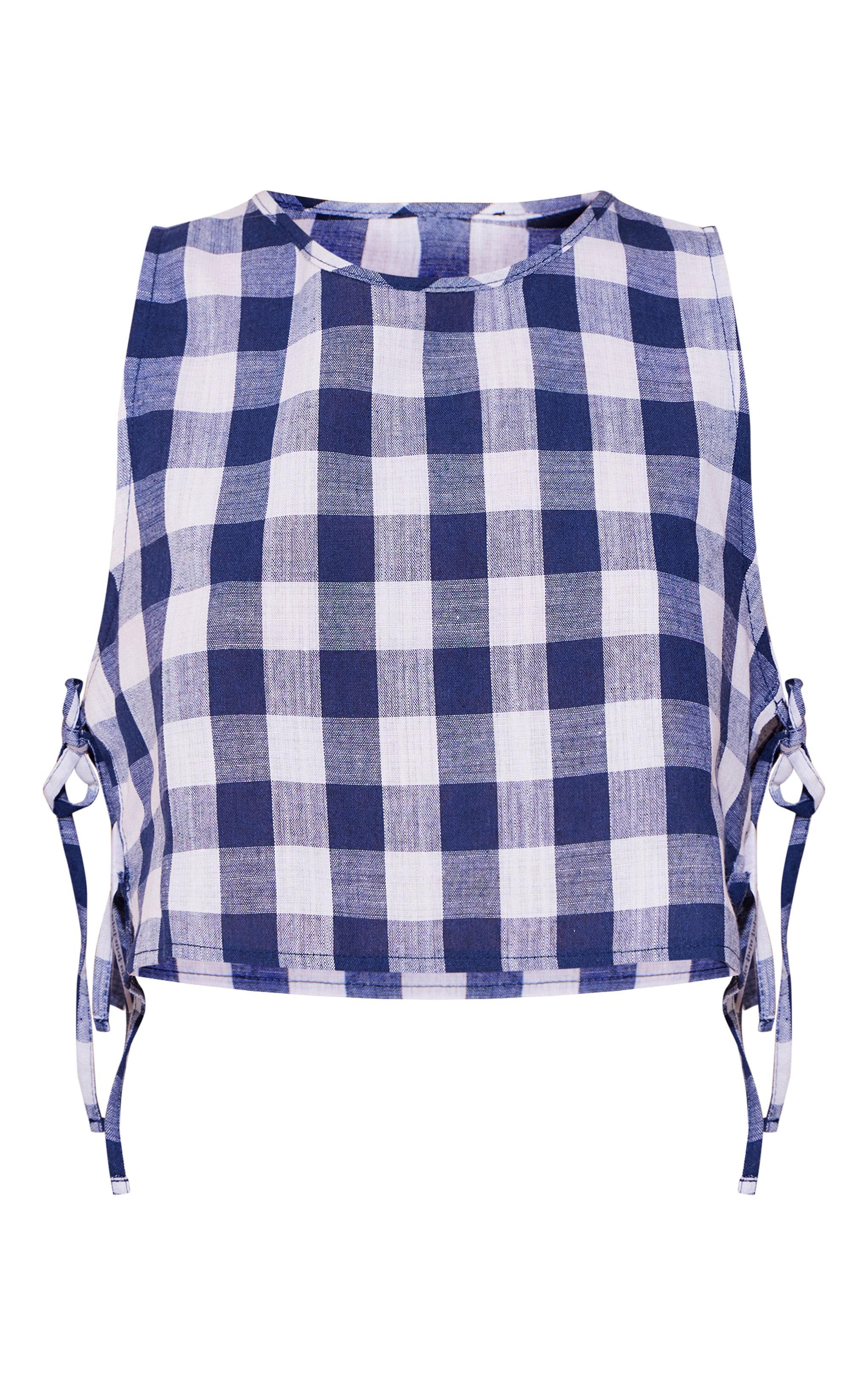 Blue Woven Check Tie Side Cropped Top Product Image