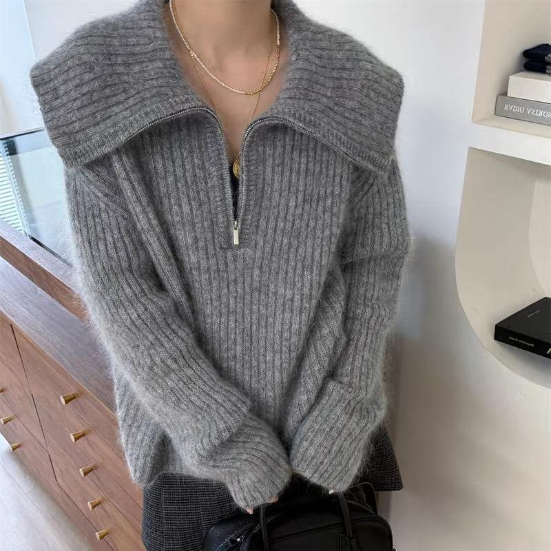 Long Sleeve Half-Zip Plain Loose-Fit Sweater Product Image