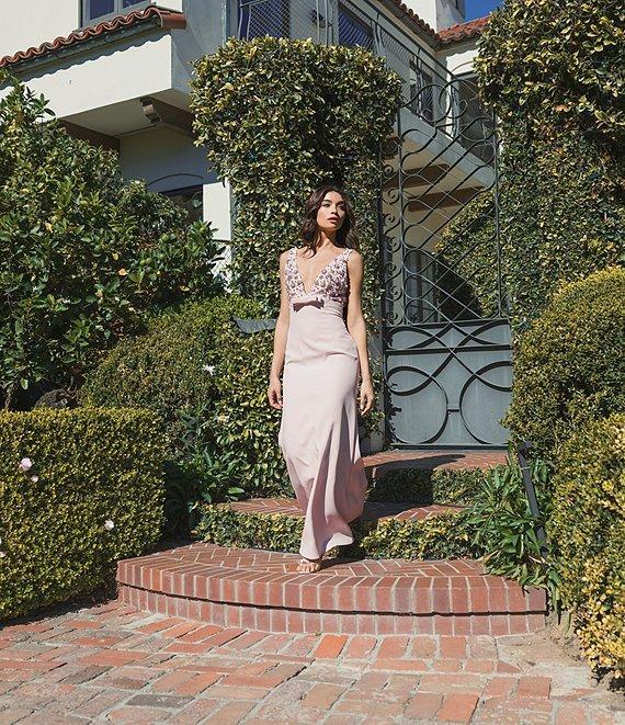 Mac Duggal V-Neck Beaded Bodice Crepe Aline Gown Product Image