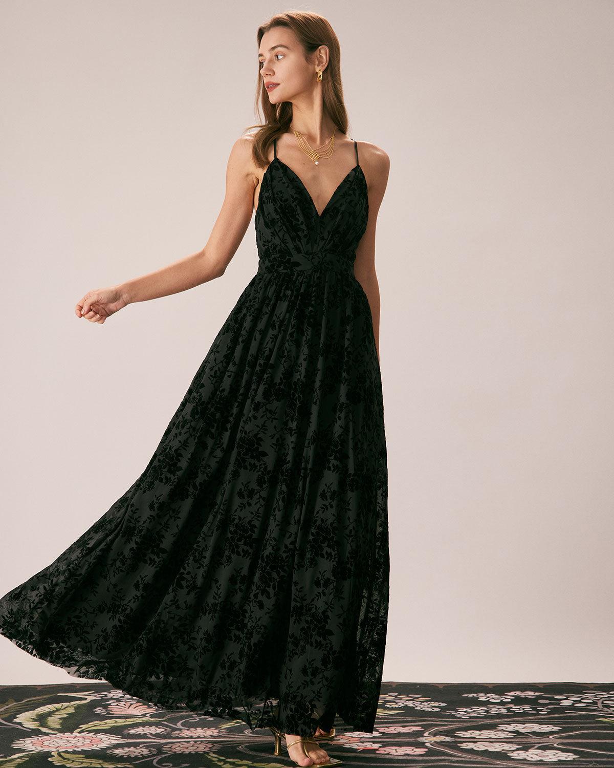 The Black Floral Flocked Mesh Slit Maxi Dress Product Image