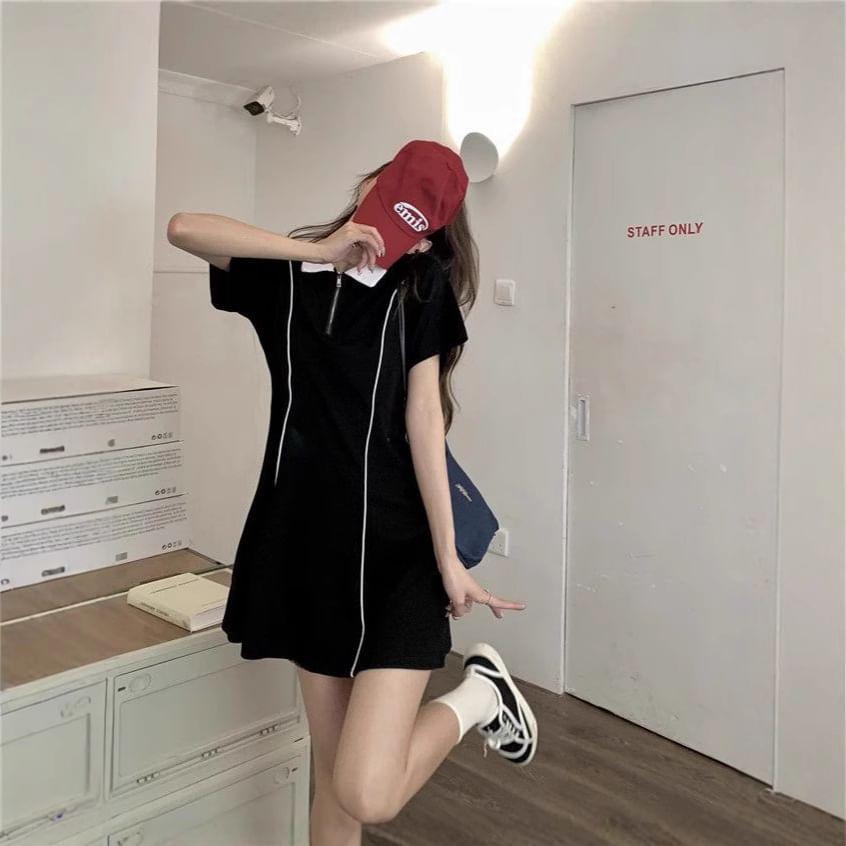 Short-Sleeve Collar Striped Mini A-Line Dress Product Image