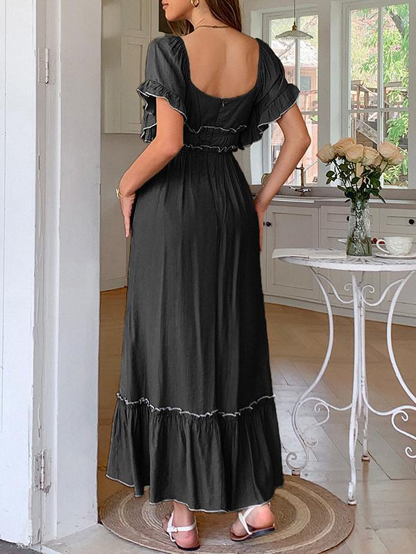 A-Line High Waisted Pleated Ruffle Trim Split-Joint Zipper Square-Neck Midi Dresses Product Image