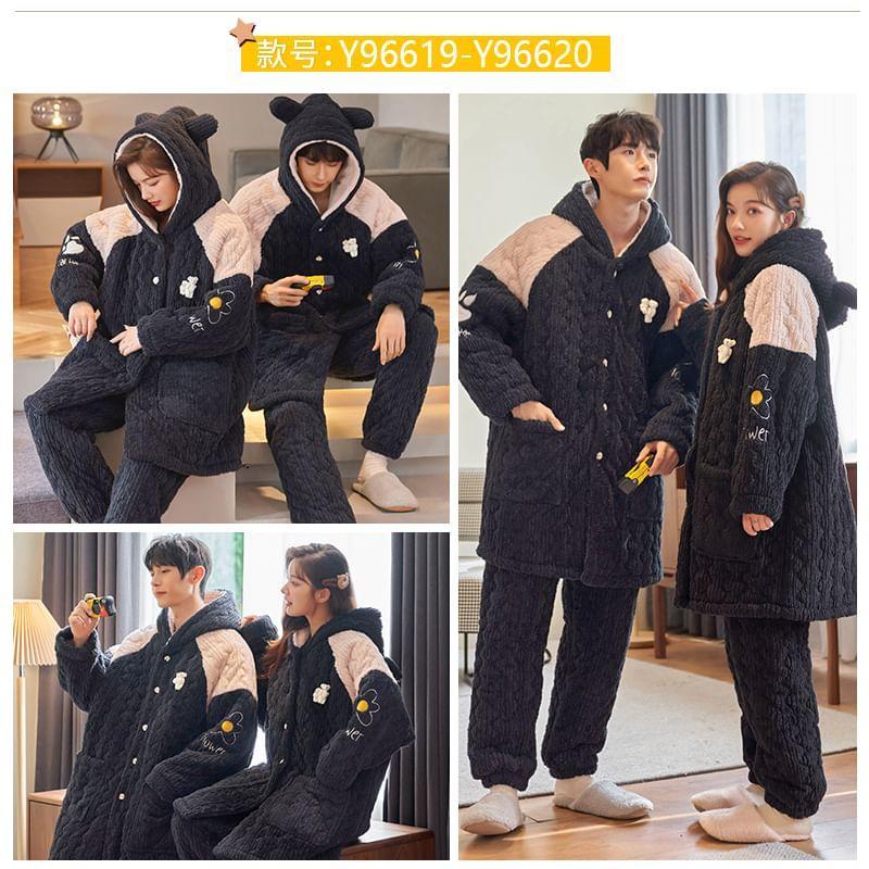 Couple Matching Pajama Set: Cartoon Patterned Hood Coral Fleece Button Jacket + Straight Leg Pants Product Image