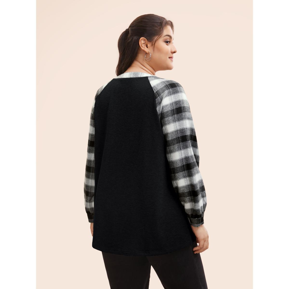 Plus Size Plaid Patchwork Notched Button Detail Sweatshirt Women Black Leisure Patchwork Notched collar Casual Sweatshirts BloomChic 18-20/2X Product Image