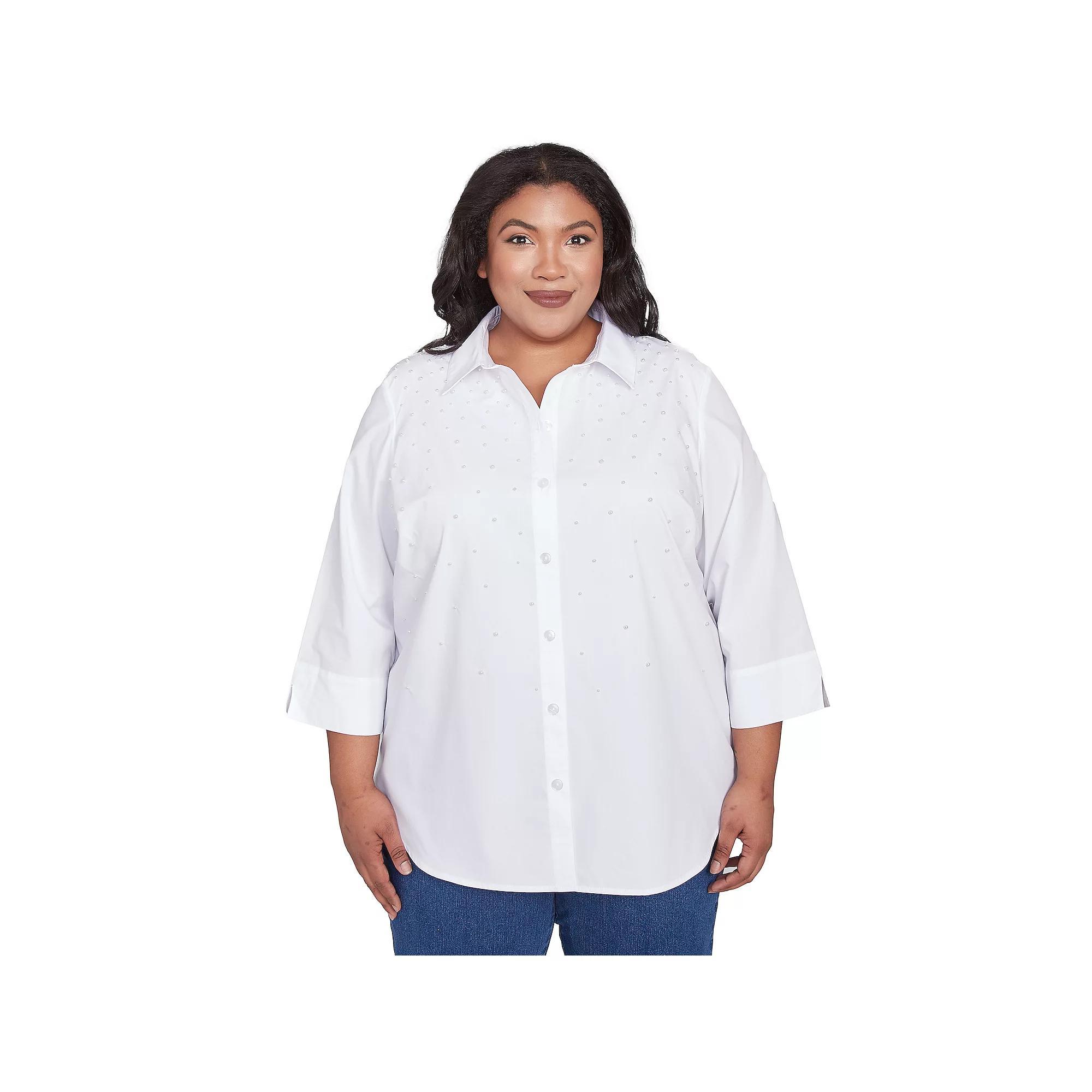 Plus Size Alfred Dunner Pearl Studded Button Down Top, Women's, Size: 3XL, White Product Image