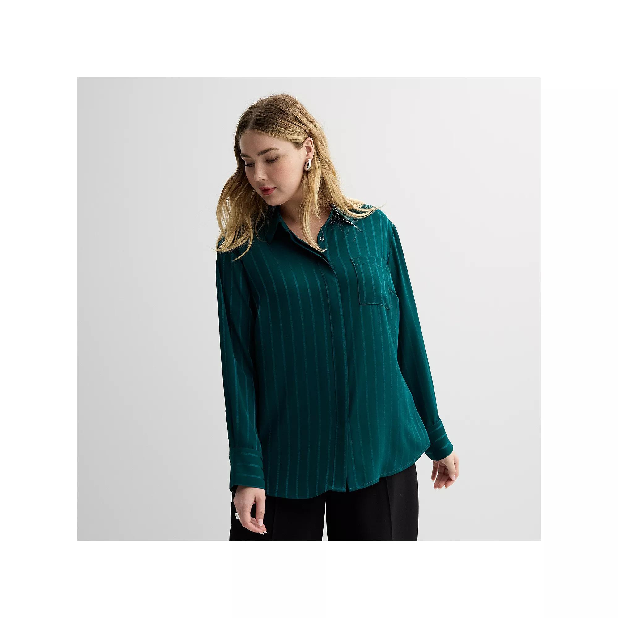 Plus Size Nine West Drapey Button Down Shirt, Women's, Size: 0X, Brazilian Blue Product Image