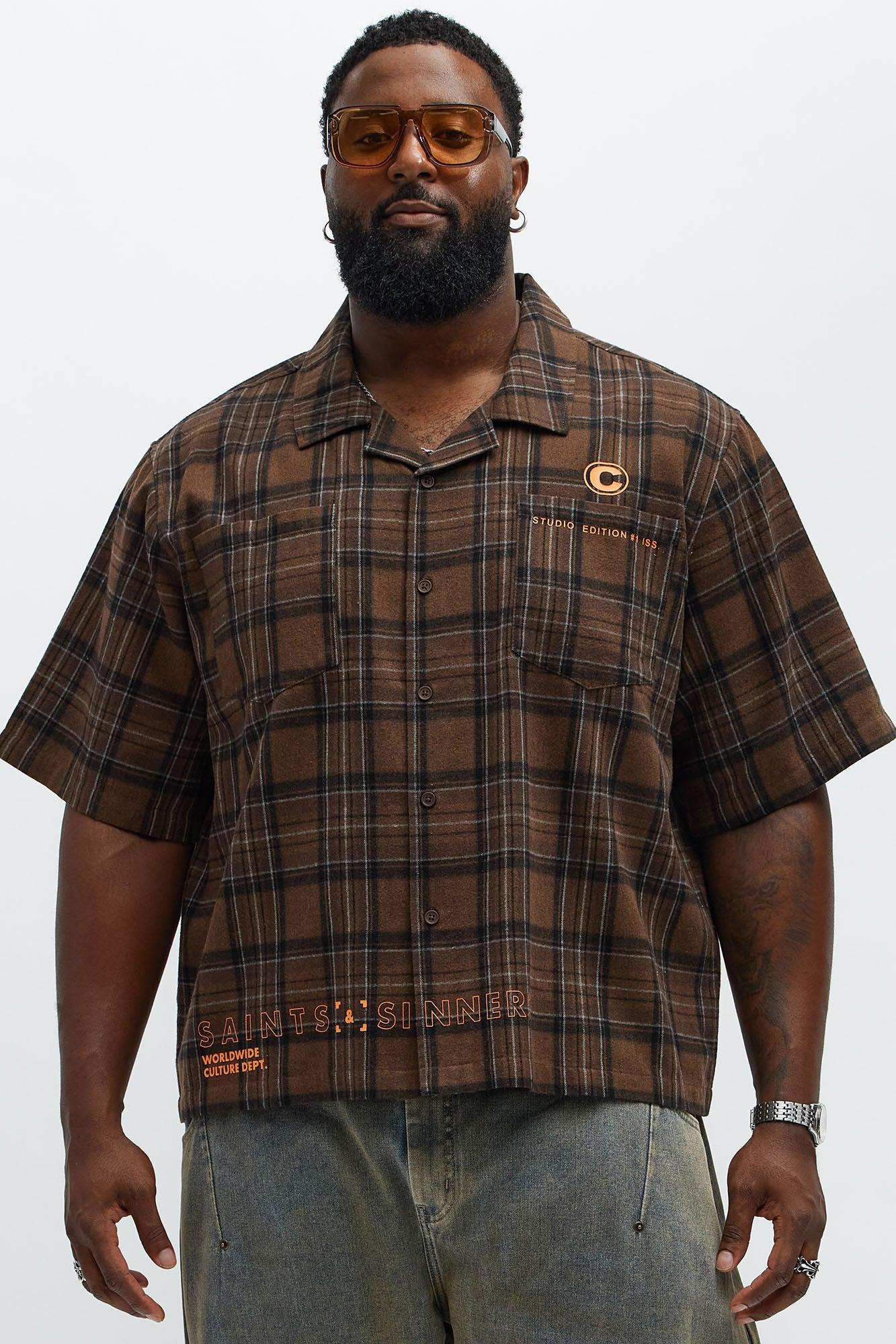 Culture Plaid Cropped Button Up Shirt - Brown Product Image