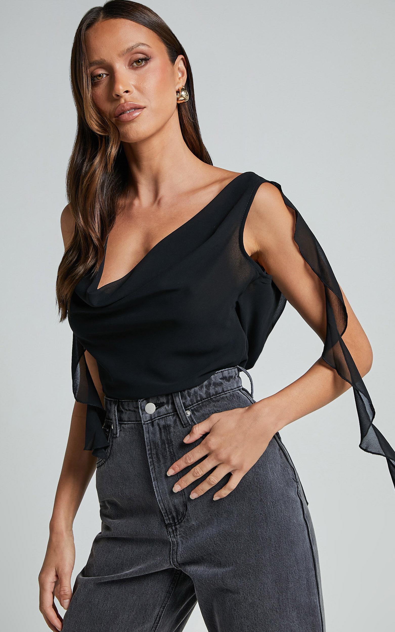 Arbor Top - Cowl Neck Ruffle Satin Top in Black Product Image