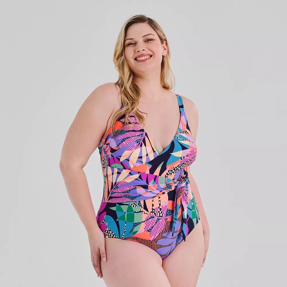 Plus Size Freshwater Sash Crossover One-Piece Swimsuit, Women's, Size: 1XL, Bahia Leaves Product Image