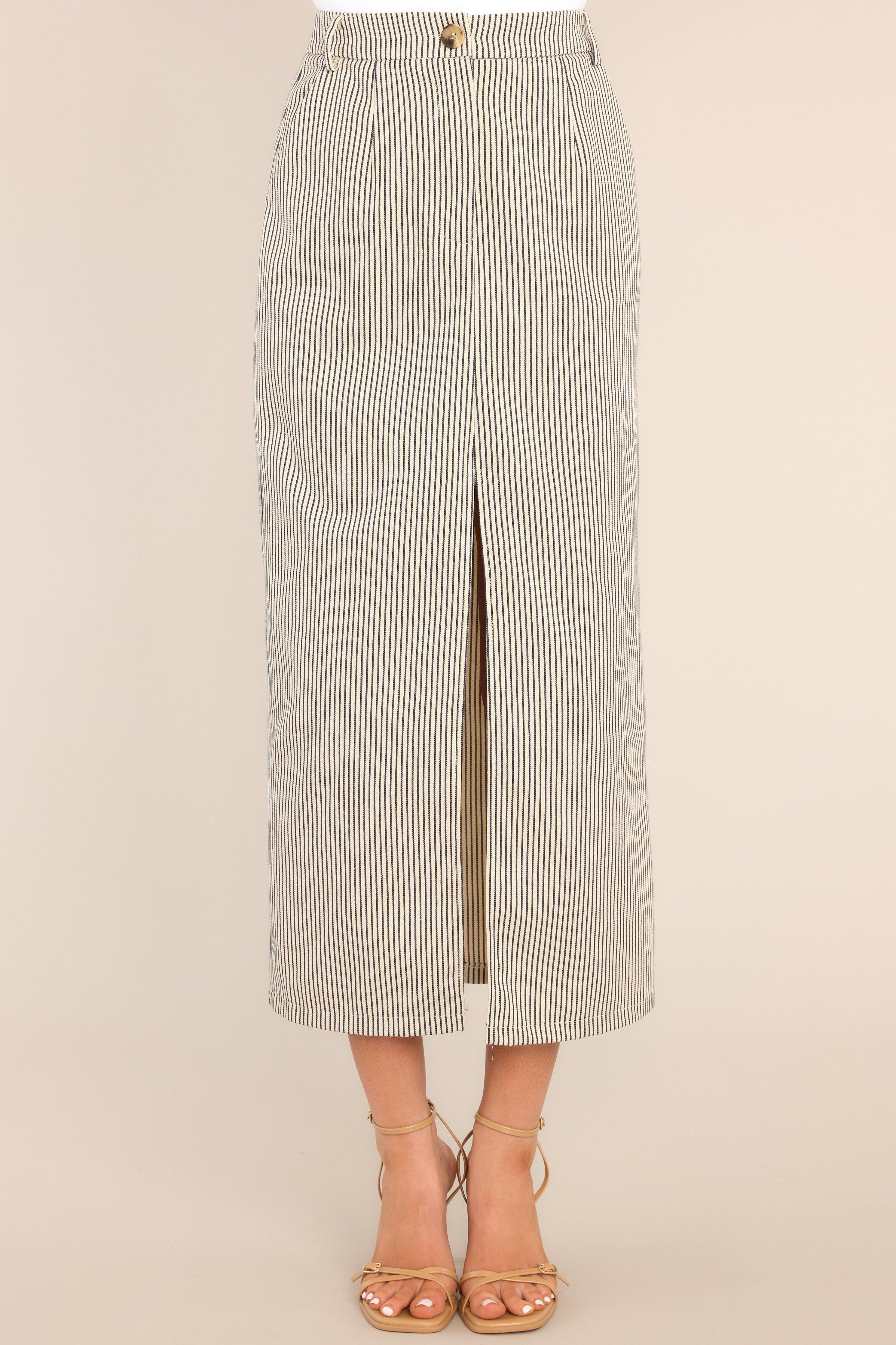 Change It Up Natural & Navy Stripe Maxi Skirt Beige Product Image