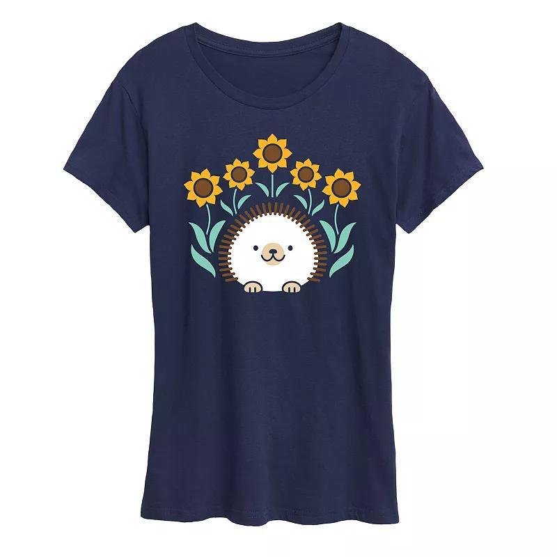 Women's Scandinavian Hedgehog And Sunflowers Oversized Tee, Size: Large, Blue Product Image