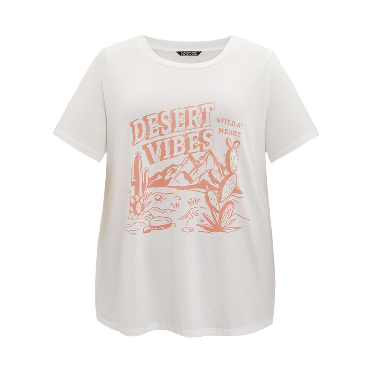 Plus Size Cactus & Letter Print Crew Neck T-shirt White Women Casual Printed Landscape Dailywear T-shirts BloomChic 28/5X Product Image