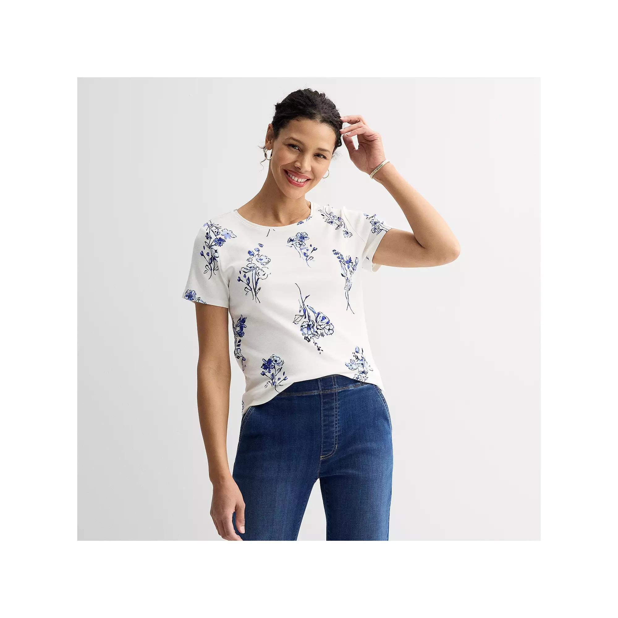 Women's Croft & Barrow® Essential Crewneck Tee, Size: XXL, Blue White Easy Floral Product Image
