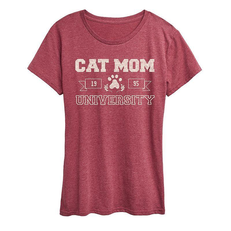 Womens Cat Mom University Graphic Tee Grey Dark Red Product Image