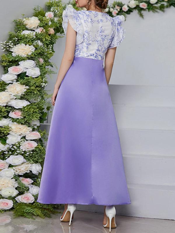 High Waisted Petal Sleeves Printed Split-Joint Deep V-Neck Maxi Dresses Product Image