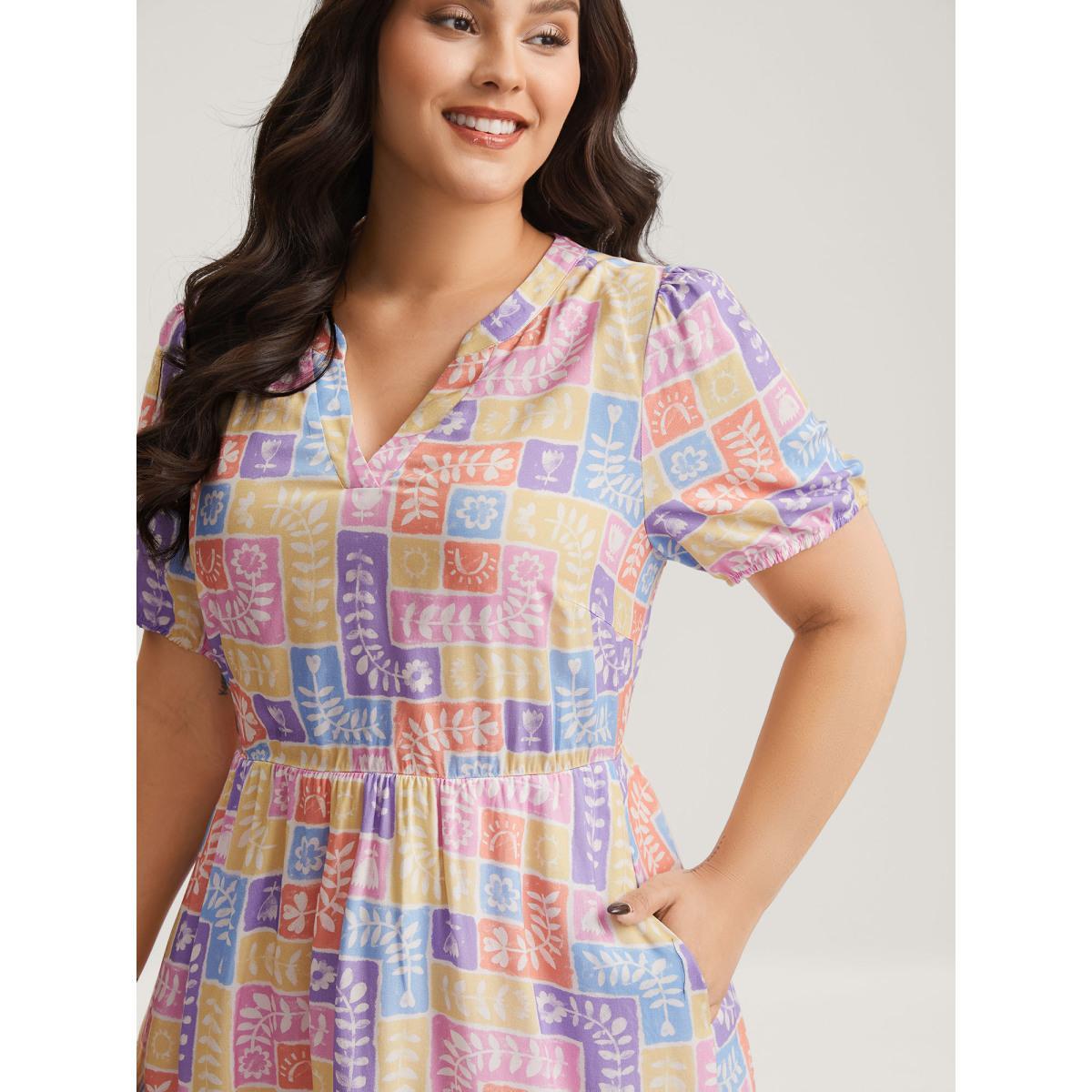 Plus Size Rayon Floral Collage Stretchy Waist Midi Dress Multicolor Women Flat collar with V-notch Short sleeve Curvy BloomChic 10/M Product Image