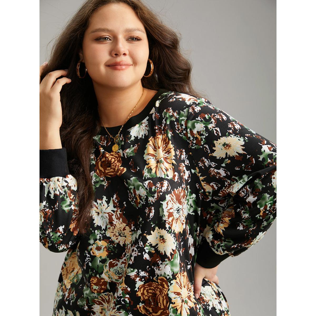 Plus Size Floral Print Elastic Cuffs Sweatshirt Women Black Elegant Printed Round Neck Dailywear Sweatshirts BloomChic 12/L Product Image