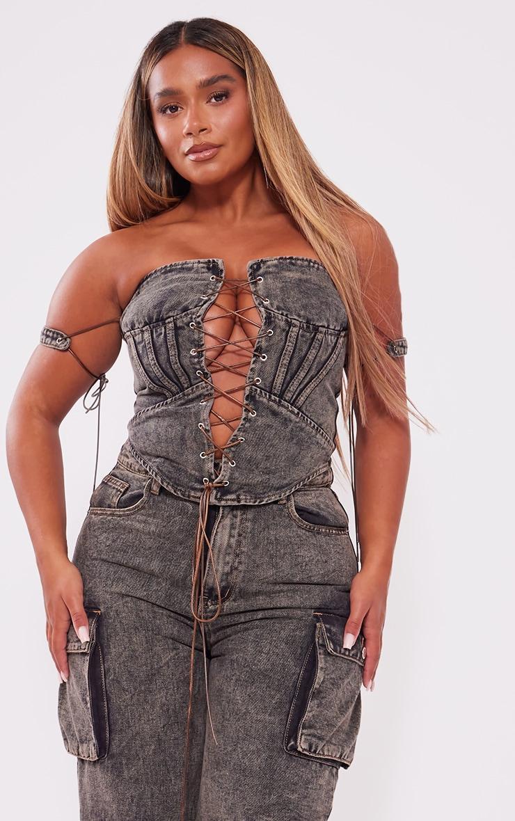 Shape Brown Denim Lace Up Front Corset Product Image