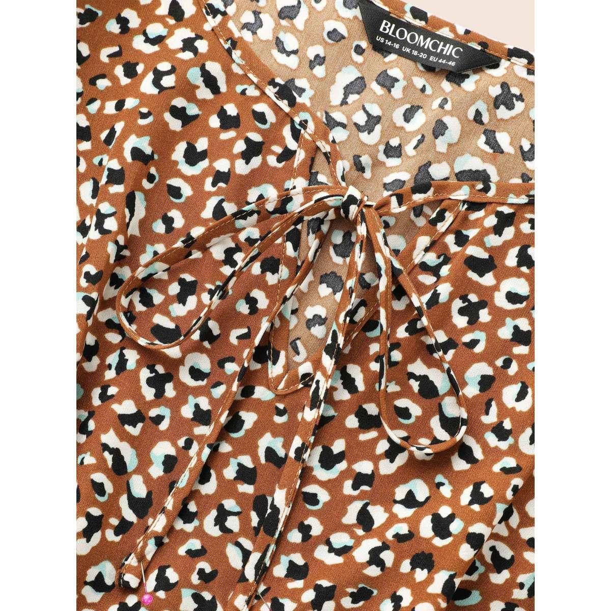 Plus Size Leopard Print Tie Knot Midi Dress Yellowishbrown Women At the Office Tie knot V-neck Long Sleeve Curvy BloomChic 18-20/2X Product Image