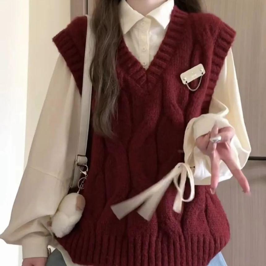 Long-Sleeve Collared Plain Blouse / V-Neck Metal Accent Cable Knit Sweater Vest / Set Product Image