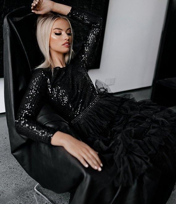 Mac Duggal Tiered Ruffle Crew Neck Long Sleeve Midi Dress Product Image