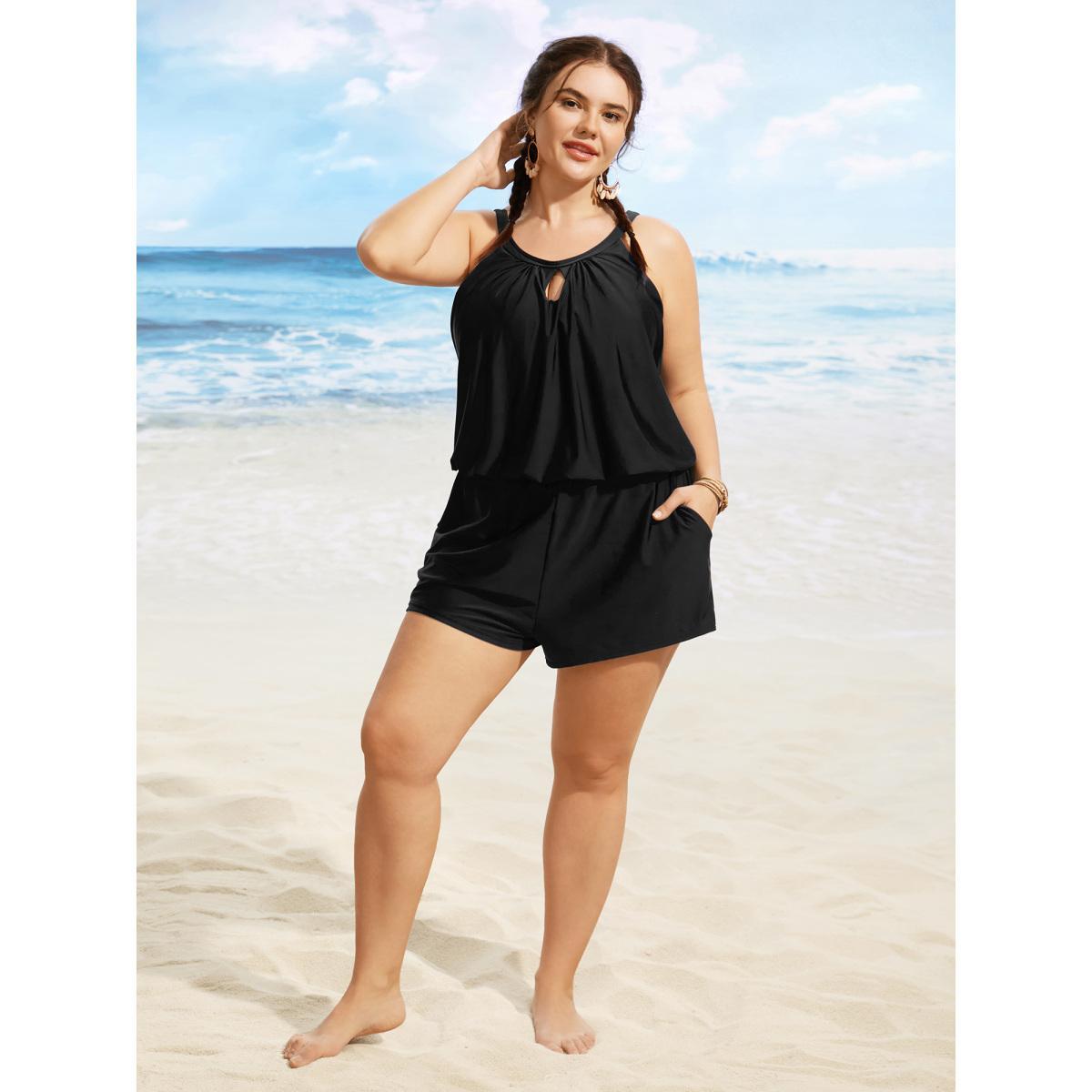 Plus Size Solid Keyhole Elastic Waist Gathered One Piece Swimsuit Women's Swimwear Black Resort Gathered Curve Bathing Suits High stretch One Pieces BloomChic 30/6X Product Image