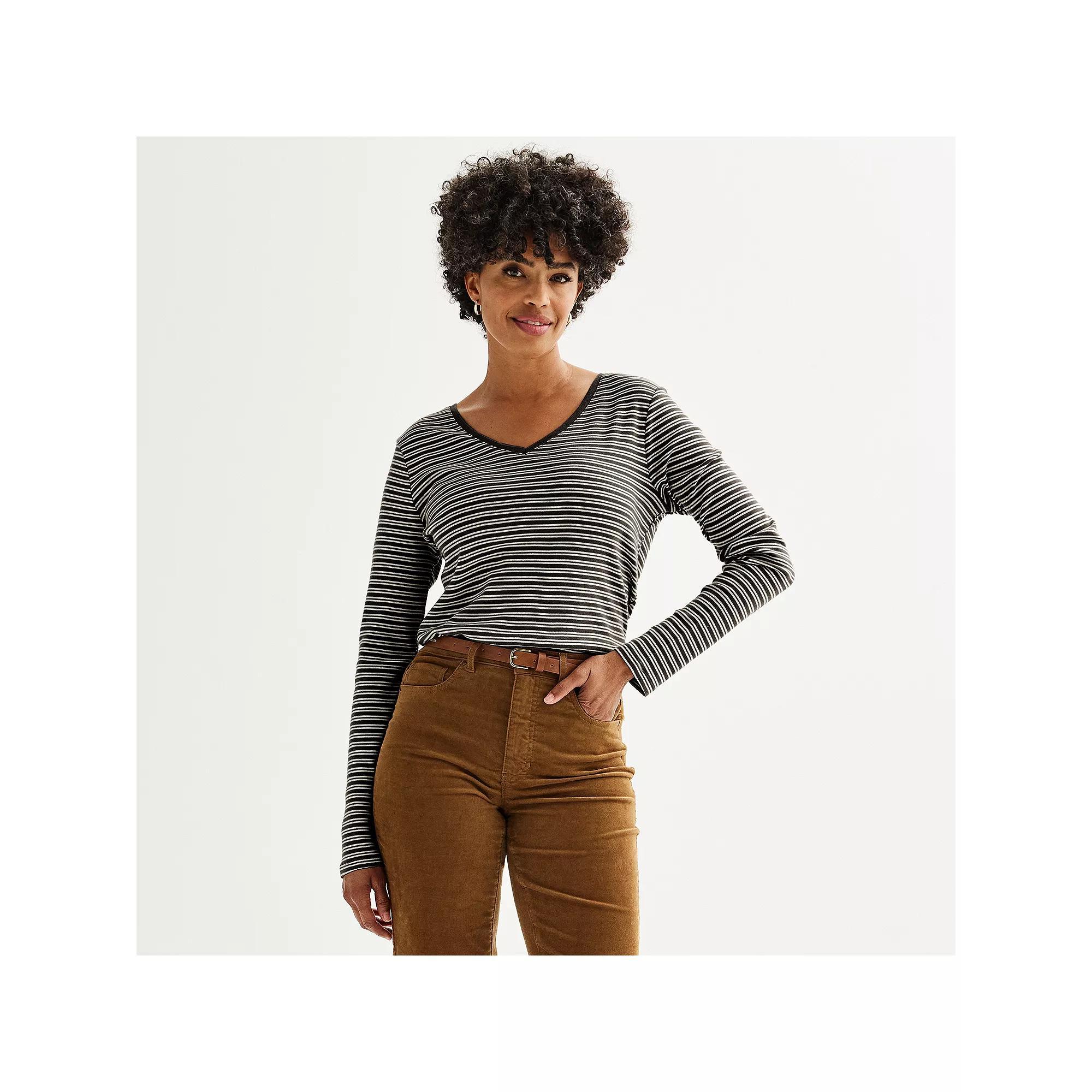 Petite Croft & Barrow® Essential Long-Sleeve V-Neck Top, Women's, Size: XL Petite, Black Neat Stripe Product Image