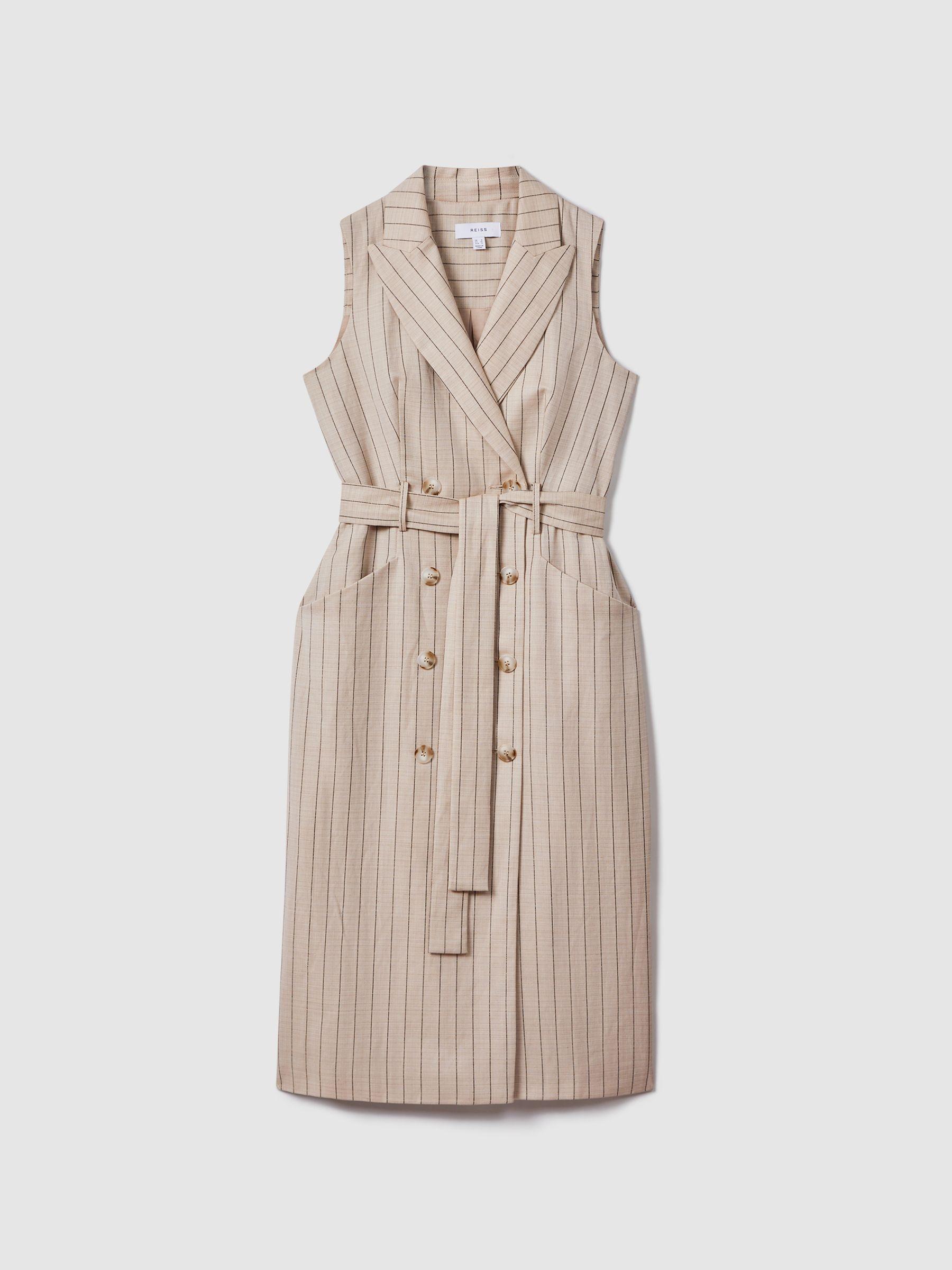 Wool Blend Striped Double Breasted Midi Dress in Neutral Product Image
