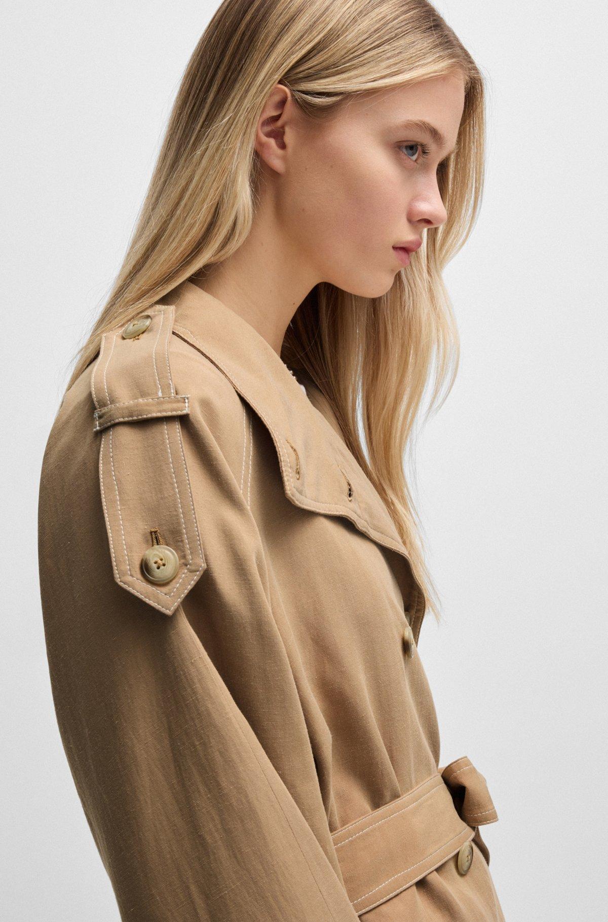 Belted jacket with stand collar and contrast stitching Product Image