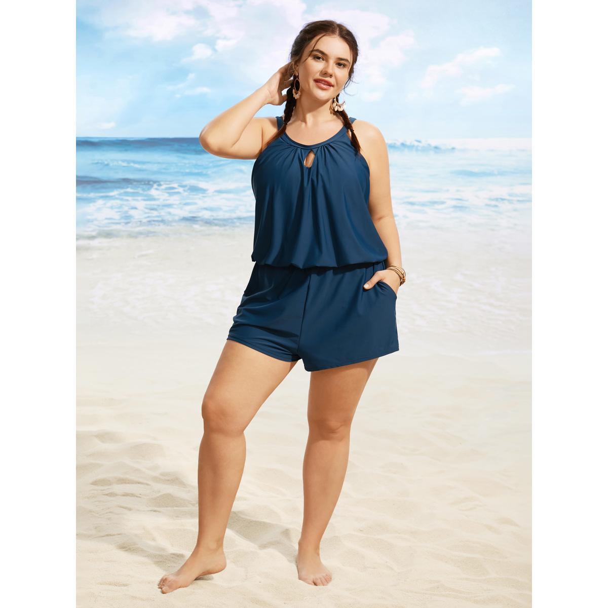 Plus Size Solid Keyhole Elastic Waist Gathered One Piece Swimsuit Women's Swimwear Indigo Resort Gathered Curve Bathing Suits High stretch One Pieces BloomChic 26/4X Product Image