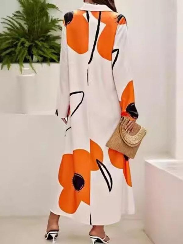 Long Sleeves Loose Floral Printed Split-Joint Lapel Maxi Dresses Shirt Dress Product Image