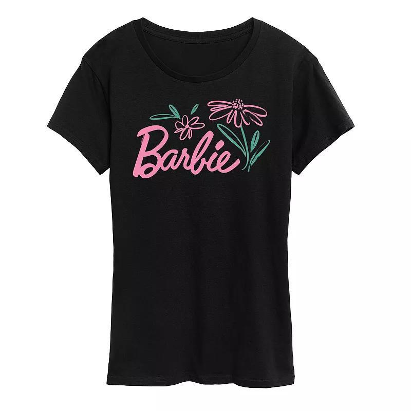 Women's Barbie Logo Brushed Flowers Graphic Tee, Size: Medium, Black Product Image